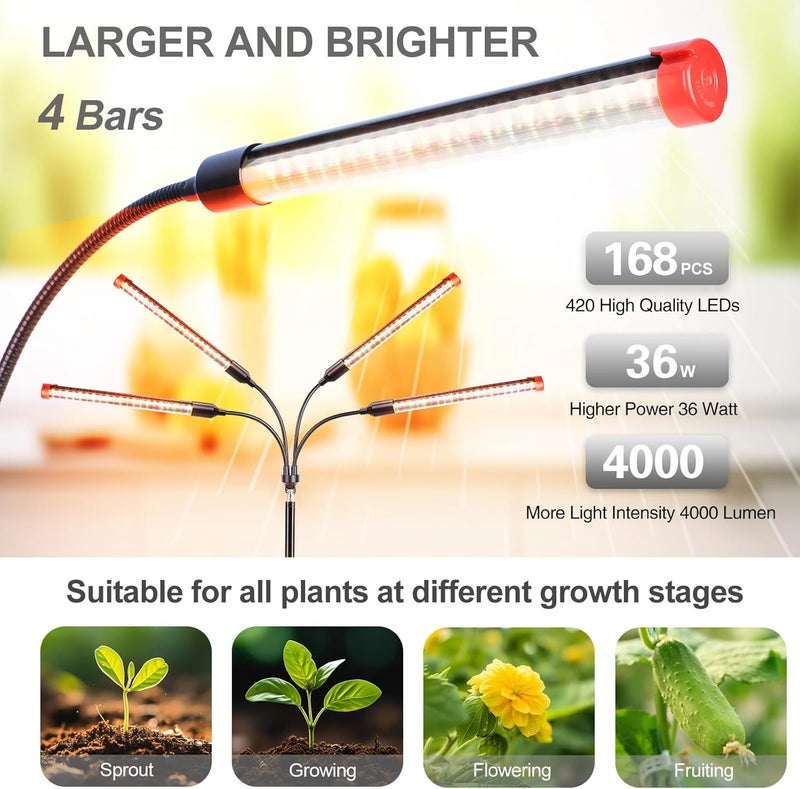FECiDA Gamechanger! 36W 4Head Grow Light with Tripod Stand, 2025 Big Coverage LED Grow Lights for Indoor Plants, Bonsai Tree, Full Spectrum Tall Plant Growing Lamp 4,8,12,16 Hr Timer - Image 4